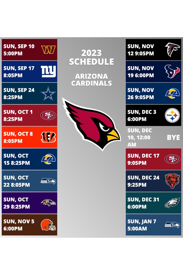 Arizona Cardinals 2022 Schedule Week 1: Arizona Cardinals vs. Kansas City Chiefs. Week 2: Arizona Cardinals @ Las Vegas Raiders. Week 3: Arizona Cardinals vs. Los Angeles Rams. Week 4: Arizona Cardinals @ Carolina Panthers. Week 5: Arizona Cardinals vs. Philadelphia Eagles. Week 6: Arizona Cardinals @ Seattle Seahawks. Week 7: Arizona Cardinals vs. New Orleans Saints. Week 8: Arizona Cardinals @ Minnesota Vikings. Week 9: Arizona Cardinals vs. Seattle Seahawks. Week 10: Arizona Cardinals @ Los Angeles Rams. Week 11: Arizona Cardinals vs. San Francisco 49ers. Week 12: Arizona Cardinals vs. Los Angeles Chargers. Week 13: Arizona Cardinals bye week. Week 14: Arizona Cardinals vs. New England Patriots. Week 15: Arizona Cardinals @ Denver Broncos. Week 16: Arizona Cardinals vs. Tampa Bay Buccaneers. Week 17: Arizona Cardinals @ Atlanta Falcons. Week 18: Arizona Cardinals @ San Francisco 49ers.
