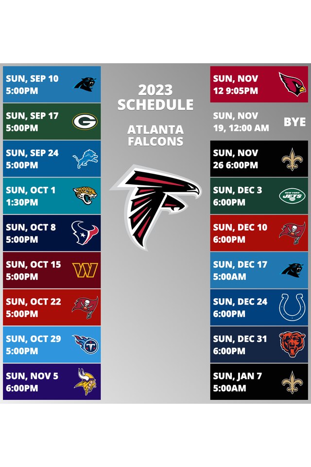 Atlanta Falcons 2022 Schedule Week 1: Atlanta Falcons vs. New Orleans Saints. Week 2: Atlanta Falcons @ Los Angeles Rams. Week 3: Atlanta Falcons @ Seattle Seahawks. Week 4: Atlanta Falcons vs. Cleveland Browns. Week 5: Atlanta Falcons @ Tampa Bay Buccaneers. Week 6: Atlanta Falcons vs. San Francisco 49ers. Week 7: Atlanta Falcons @ Cincinnati Bengals. Week 8: Atlanta Falcons vs. Carolina Panthers. Week 9: Atlanta Falcons vs. Los Angeles Chargers. Week 10: Atlanta Falcons @ Carolina Panthers. Week 11: Atlanta Falcons vs. Chicago Bears. Week 12: Atlanta Falcons @ Washington Commanders. Week 13: Atlanta Falcons vs. Pittsburgh Steelers. Week 14: Atlanta Falcons bye week. Week 15: Atlanta Falcons @ New Orleans Saints. Week 16: Atlanta Falcons @ Baltimore Ravens. Week 17: Atlanta Falcons vs. Arizona Cardinals. Week 18: Atlanta Falcons vs. Tampa Bay Buccaneers.