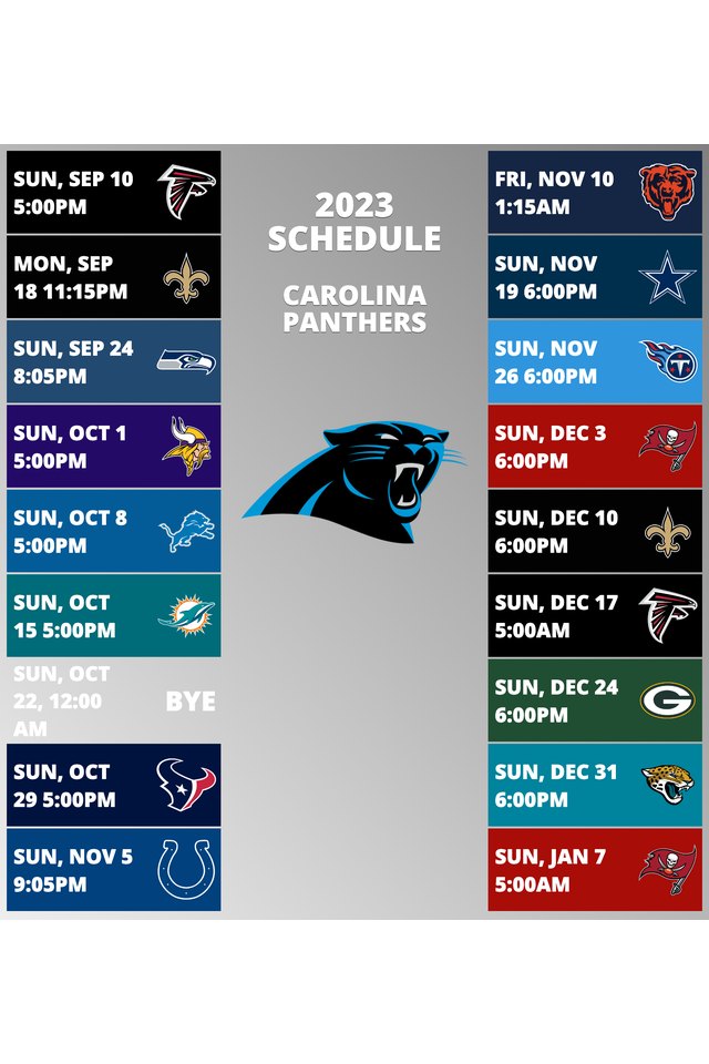 Carolina Panthers 2022 Schedule Week 1: Carolina Panthers vs. Cleveland Browns. Week 2: Carolina Panthers @ New York Giants. Week 3: Carolina Panthers vs. New Orleans Saints. Week 4: Carolina Panthers vs. Arizona Cardinals. Week 5: Carolina Panthers vs. San Francisco 49ers. Week 6: Carolina Panthers @ Los Angeles Rams. Week 7: Carolina Panthers vs. Tampa Bay Buccaneers. Week 8: Carolina Panthers @ Atlanta Falcons. Week 9: Carolina Panthers @ Cincinnati Bengals. Week 10: Carolina Panthers vs. Atlanta Falcons. Week 11: Carolina Panthers @ Baltimore Ravens. Week 12: Carolina Panthers vs. Denver Broncos. Week 13: Carolina Panthers bye week. Week 14: Carolina Panthers @ Seattle Seahawks. Week 15: Carolina Panthers vs. Pittsburgh Steelers. Week 16: Carolina Panthers vs. Detroit Lions. Week 17: Carolina Panthers @ Tampa Bay Buccaneers. Week 18: Carolina Panthers @ New Orleans Saints. 