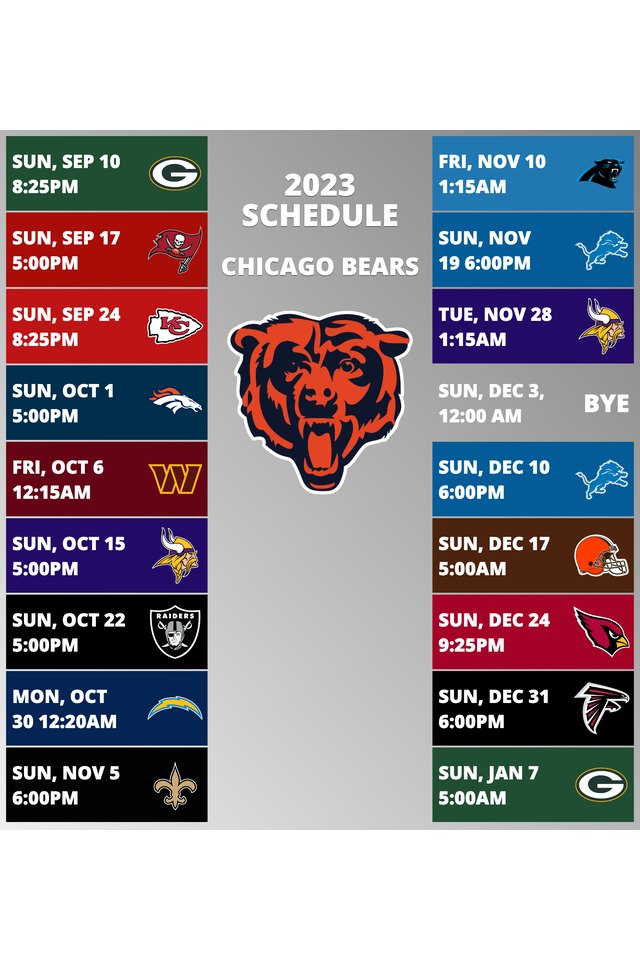 Chicago Bears 2022 Schedule Week 1: Chicago Bears vs. San Francisco 49ers. Week 2: Chicago Bears @ Green Bay Packers. Week 3: Chicago Bears vs. Houston Texans. Week 4: Chicago Bears @ New York Giants. Week 5: Chicago Bears @ Minnesota Vikings. Week 6: Chicago Bears vs. Washington Commanders. Week 7: Chicago Bears @ New England Patriots. Week 8: Chicago Bears @ Dallas Cowboys. Week 9: Chicago Bears vs. Miami Dolphins. Week 10: Chicago Bears vs. Detroit Lions. Week 11: Chicago Bears @ Atlanta Falcons. Week 12: Chicago Bears @ New York Jets. Week 13: Chicago Bears vs. Green Bay Packers. Week 14: Chicago Bears bye week. Week 15: Chicago Bears vs. Philadelphia Eagles. Week 16: Chicago Bears vs. Buffalo Bills. Week 17: Chicago Bears @ Detroit Lions. Week 18: Chicago Bears vs. Minnesota Vikings.