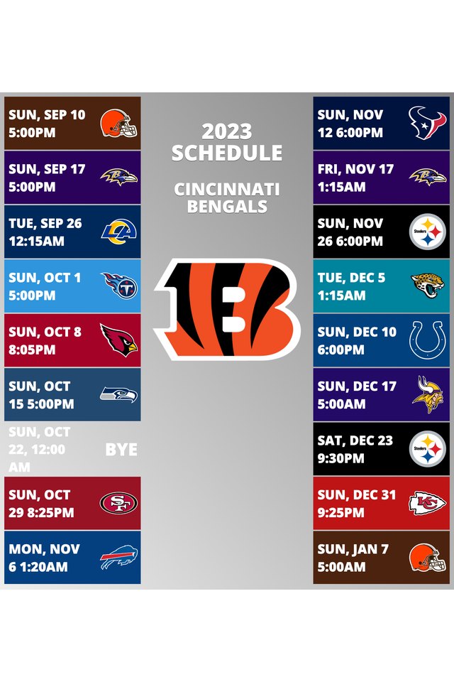 Cincinnati Bengals 2022 Schedule Week 1: Cincinnati Bengals vs. Pittsburgh Steelers. Week 2: Cincinnati Bengals @ Dallas Cowboys. Week 3: Cincinnati Bengals @ New York Jets. Week 4: Cincinnati Bengals vs. Miami Dolphins. Week 5: Cincinnati Bengals @ Baltimore Ravens. Week 6: Cincinnati Bengals @ New Orleans Saints. Week 7: Cincinnati Bengals vs. Atlanta Falcons. Week 8: Cincinnati Bengals @ Cleveland Browns. Week 9: Cincinnati Bengals vs. Carolina Panthers. Week 10: Cincinnati Bengals bye week. Week 11: Cincinnati Bengals @ Pittsburgh Steelers. Week 12: Cincinnati Bengals @ Tennessee Titans. Week 13: Cincinnati Bengals vs. Kansas City Chiefs. Week 14: Cincinnati Bengals vs. Cleveland Browns. Week 15: Cincinnati Bengals @ Tampa Bay Buccaneers. Week 16: Cincinnati Bengals @ New England Patriots. Week 17: Cincinnati Bengals vs. Buffalo Bills. Week 18: Cincinnati Bengals vs. Baltimore Ravens. 
