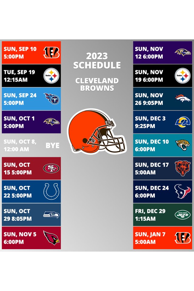 Cleveland Browns 2022 Schedule Week 1: Cleveland Browns @ Carolina Panthers. Week 2: Cleveland Browns vs. New York Jets. Week 3: Cleveland Browns vs. Pittsburgh Steelers. Week 4: Cleveland Browns @ Atlanta Falcons. Week 5: Cleveland Browns vs. Los Angeles Chargers. Week 6: Cleveland Browns vs. New England Patriots. Week 7: Cleveland Browns @ Baltimore Ravens. Week 8: Cleveland Browns vs. Cincinnati Bengals. Week 9: Cleveland Browns bye week. Week 10: Cleveland Browns @ Miami Dolphins. Week 11: Cleveland Browns @ Buffalo Bills. Week 12: Cleveland Browns vs. Tampa Bay Buccaneers. Week 13: Cleveland Browns @ Houston Texans. Week 14: Cleveland Browns @ Cincinnati Bengals. Week 15: Cleveland Browns vs. Baltimore Ravens. Week 16: Cleveland Browns vs. New Orleans Saints. Week 17: Cleveland Browns @ Washington Commanders. Week 18: Cleveland Browns @ Pittsburgh Steelers. 