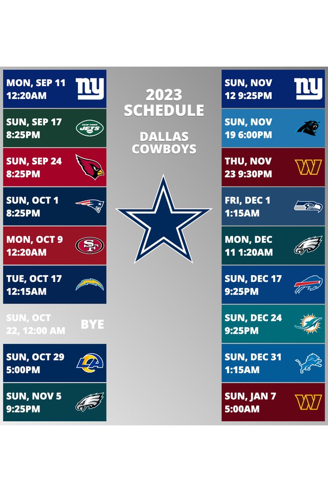 Dallas Cowboys 2022 Schedule Week 1: Dallas Cowboys vs. Tampa Bay Buccaneers. Week 2: Dallas Cowboys vs. Cincinnati Bengals. Week 3: Dallas Cowboys @ New York Giants. Week 4: Dallas Cowboys vs. Washington Commanders. Week 5: Dallas Cowboys @ Los Angeles Rams. Week 6: Dallas Cowboys @ Philadelphia Eagles. Week 7: Dallas Cowboys vs. Detroit Lions. Week 8: Dallas Cowboys vs. Chicago Bears. Week 9: Dallas Cowboys bye week. Week 10: Dallas Cowboys @ Green Bay Packers. Week 11: Dallas Cowboys @ Minnesota Vikings. Week 12: Dallas Cowboys vs. New York Giants. Week 13: Dallas Cowboys vs. Indianapolis Colts. Week 14: Dallas Cowboys vs. Houston Texans. Week 15: Dallas Cowboys @ Jacksonville Jaguars. Week 16: Dallas Cowboys vs. Philadelphia Eagles. Week 17: Dallas Cowboys @ Tennessee Titans. Week 18: Dallas Cowboys @ Washington Commanders. 