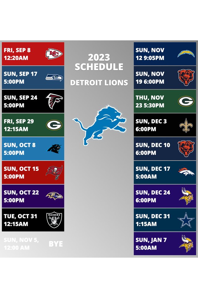 Detroit Lions 2022 Schedule Week 1: Detroit Lions vs. Philadelphia Eagles. Week 2: Detroit Lions vs. Washington Commanders. Week 3: Detroit Lions @ Minnesota Vikings. Week 4: Detroit Lions vs. Seattle Seahawks. Week 5: Detroit Lions @ New England Patriots. Week 6: Detroit Lions bye week. Week 7: Detroit Lions @ Dallas Cowboys. Week 8: Detroit Lions vs. Miami Dolphins. Week 9: Detroit Lions vs. Green Bay Packers. Week 10: Detroit Lions @ Chicago Bears. Week 11: Detroit Lions @ New York Giants. Week 12: Detroit Lions vs. Buffalo Bills. Week 13: Detroit Lions vs. Jacksonville Jaguars. Week 14: Detroit Lions vs. Minnesota Vikings. Week 15: Detroit Lions @ New York Jets. Week 16: Detroit Lions @ Carolina Panthers. Week 17: Detroit Lions vs. Chicago Bears. Week 18: Detroit Lions @ Green Bay Packers. 