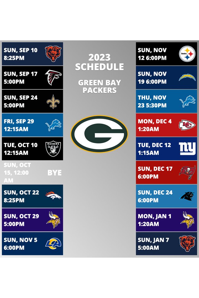 Green Bay Packers 2022 Schedule Week 1: Green Bay Packers @ Minnesota Vikings. Week 2: Green Bay Packers vs. Chicago Bears. Week 3: Green Bay Packers @ Tampa Bay Buccaneers. Week 4: Green Bay Packers vs. New England Patriots. Week 5: Green Bay Packers vs. New York Giants. Week 6: Green Bay Packers vs. New York Jets. Week 7: Green Bay Packers @ Washington Commanders. Week 8: Green Bay Packers @ Buffalo Bills. Week 9: Green Bay Packers @ Detroit Lions. Week 10: Green Bay Packers vs. Dallas Cowboys. Week 11: Green Bay Packers vs. Tennessee Titans. Week 12: Green Bay Packers @ Philadelphia Eagles. Week 13: Green Bay Packers @ Chicago Bears. Week 14: Green Bay Packers bye week. Week 15: Green Bay Packers vs. Los Angeles Rams. Week 16: Green Bay Packers @ Miami Dolphins. Week 17: Green Bay Packers vs. Minnesota Vikings. Week 18: Green Bay Packers vs. Detroit Lions.