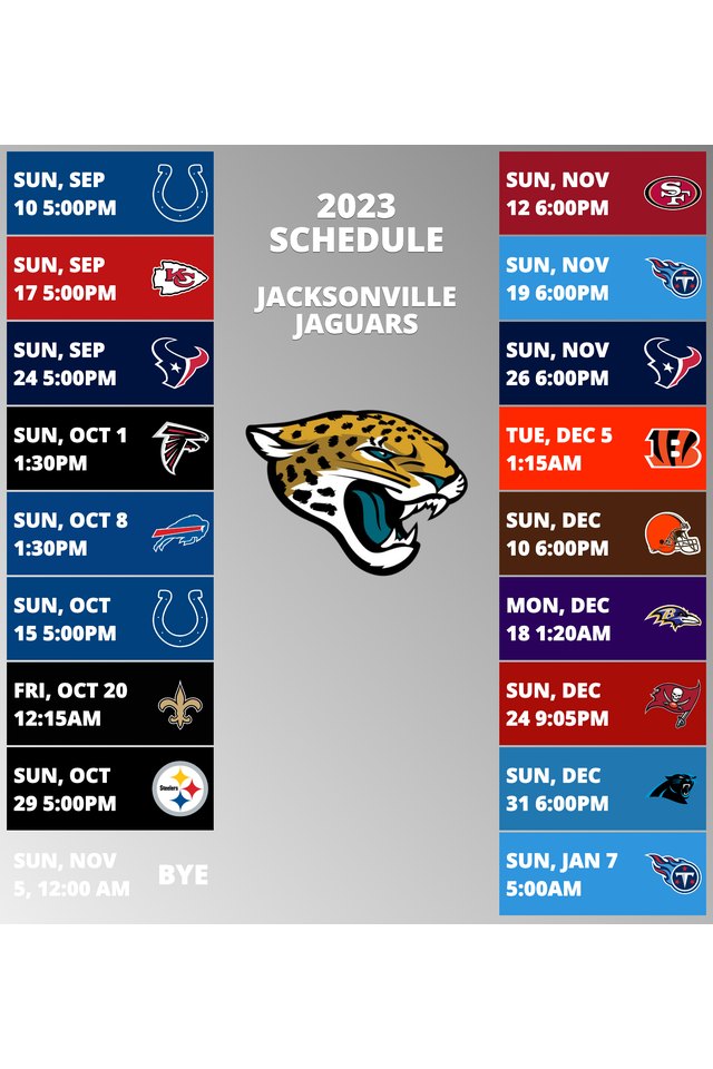 Jacksonville Jaguars 2022 Schedule Week 1: Jacksonville Jaguars @ Washington Commanders. Week 2: Jacksonville Jaguars vs. Indianapolis Colts. Week 3: Jacksonville Jaguars @ Los Angeles Chargers. Week 4: Jacksonville Jaguars @ Philadelphia Eagles. Week 5: Jacksonville Jaguars vs. Houston Texans. Week 6: Jacksonville Jaguars @ Indianapolis Colts. Week 7: Jacksonville Jaguars vs. New York Giants. Week 8: Jacksonville Jaguars vs. Denver Broncos. Week 9: Jacksonville Jaguars vs. Las Vegas Raiders. Week 10: Jacksonville Jaguars @ Kansas City Chiefs. Week 11: Jacksonville Jaguars bye week. Week 12: Jacksonville Jaguars vs. Baltimore Ravens. Week 13: Jacksonville Jaguars @ Detroit Lions. Week 14: Jacksonville Jaguars @ Tennessee Titans. Week 15: Jacksonville Jaguars vs. Dallas Cowboys. Week 16: Jacksonville Jaguars @ New York Jets. Week 17: Jacksonville Jaguars @ Houston Texans. Week 18: Jacksonville Jaguars vs. Tennessee Titans. 
