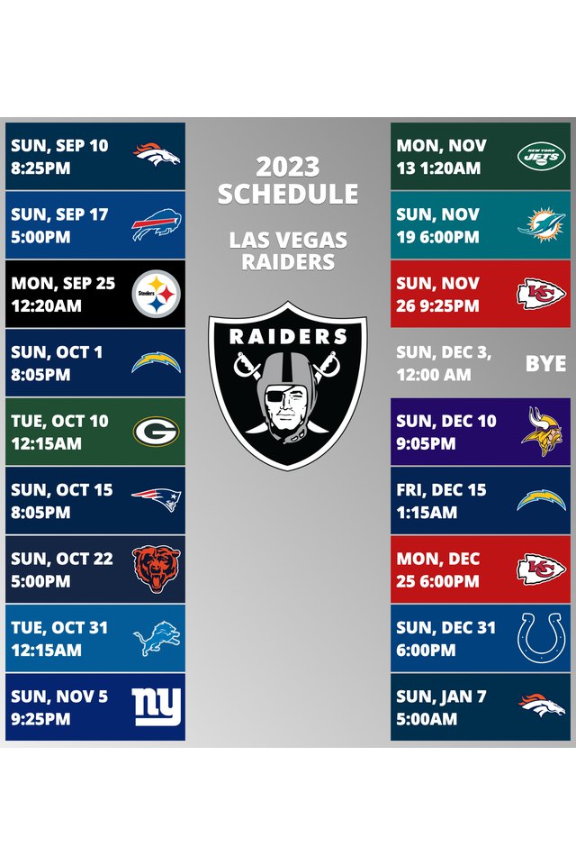Las Vegas Raiders 2022 Schedule Week 1: Las Vegas Raiders @ Los Angeles Chargers. Week 2: Las Vegas Raiders vs. Arizona Cardinals. Week 3: Las Vegas Raiders @ Tennessee Titans. Week 4: Las Vegas Raiders vs. Denver Broncos. Week 5: Las Vegas Raiders @ Kansas City Chiefs. Week 6: Las Vegas Raiders bye week. Week 7: Las Vegas Raiders vs. Houston Texans. Week 8: Las Vegas Raiders @ New Orleans Saints. Week 9: Las Vegas Raiders @ Jacksonville Jaguars. Week 10: Las Vegas Raiders vs. Indianapolis Colts. Week 11: Las Vegas Raiders @ Denver Broncos. Week 12: Las Vegas Raiders @ Seattle Seahawks. Week 13: Las Vegas Raiders vs. Los Angeles Chargers. Week 14: Las Vegas Raiders @ Los Angeles Rams. Week 15: Las Vegas Raiders vs. New England Patriots. Week 16: Las Vegas Raiders @ Pittsburgh Steelers. Week 17: Las Vegas Raiders vs. San Francisco 49ers. Week 18: Las Vegas Raiders vs. Kansas City Chiefs.