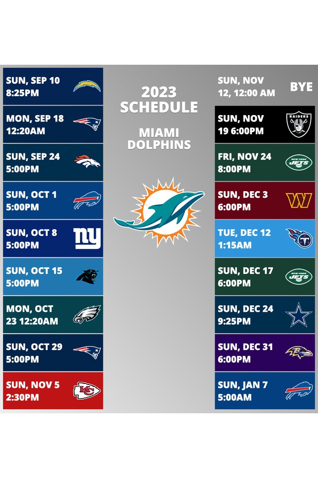 Miami Dolphins 2022 Schedule Week 1: Miami Dolphins vs. New England Patriots. Week 2: Miami Dolphins @ Baltimore Ravens. Week 3: Miami Dolphins vs. Buffalo Bills. Week 4: Miami Dolphins @ Cincinnati Bengals. Week 5: Miami Dolphins @ New York Jets. Week 6: Miami Dolphins vs. Minnesota Vikings. Week 7: Miami Dolphins vs. Pittsburgh Steelers. Week 8: Miami Dolphins @ Detroit Lions. Week 9: Miami Dolphins @ Chicago Bears. Week 10: Miami Dolphins vs. Cleveland Browns. Week 11: Miami Dolphins bye week. Week 12: Miami Dolphins vs. Houston Texans. Week 13: Miami Dolphins @ San Francisco 49ers. Week 14: Miami Dolphins @ Los Angeles Chargers. Week 15: Miami Dolphins @ Buffalo Bills. Week 16: Miami Dolphins vs. Green Bay Packers. Week 17: Miami Dolphins @ New England Patriots. Week 18: Miami Dolphins vs. New York Jets.