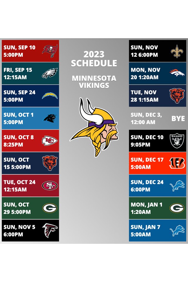 Minnesota Vikings 2022 Schedule Week 1: Minnesota Vikings vs. Green Bay Packers. Week 2: Minnesota Vikings @ Philadelphia Eagles. Week 3: Minnesota Vikings vs. Detroit Lions. Week 4: Minnesota Vikings @ New Orleans Saints. Week 5: Minnesota Vikings vs. Chicago Bears. Week 6: Minnesota Vikings @ Miami Dolphins. Week 7: Minnesota Vikings bye week. Week 8: Minnesota Vikings vs. Arizona Cardinals. Week 9: Minnesota Vikings @ Washington Commanders. Week 10: Minnesota Vikings @ Buffalo Bills. Week 11: Minnesota Vikings vs. Dallas Cowboys. Week 12: Minnesota Vikings vs. New England Patriots. Week 13: Minnesota Vikings vs. New York Jets. Week 14: Minnesota Vikings @ Detroit Lions. Week 15: Minnesota Vikings vs. Indianapolis Colts. Week 16: Minnesota Vikings vs. New York Giants. Week 17: Minnesota Vikings @ Green Bay Packers. Week 18: Minnesota Vikings @ Chicago Bears.