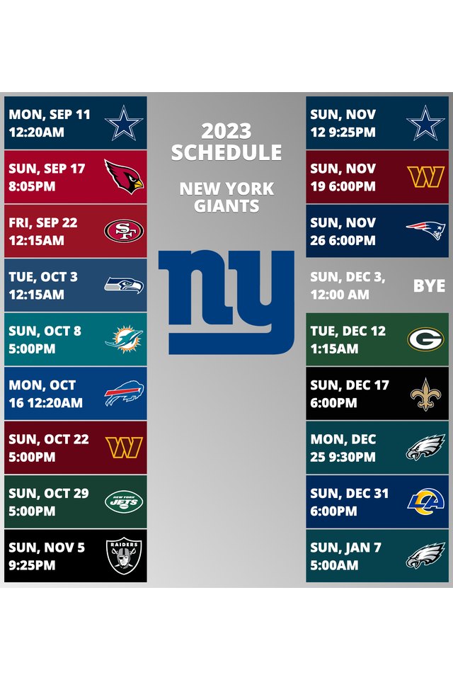 New York Giants 2022 Schedule Week 1: New York Giants @ Tennessee Titans. Week 2: New York Giants vs. Carolina Panthers. Week 3: New York Giants vs. Dallas Cowboys. Week 4: New York Giants vs. Chicago Bears. Week 5: New York Giants @ Green Bay Packers. Week 6: New York Giants vs. Baltimore Ravens. Week 7: New York Giants @ Jacksonville Jaguars. Week 8: New York Giants @ Seattle Seahawks. Week 9: New York Giants bye week. Week 10: New York Giants vs. Houston Texans. Week 11: New York Giants vs. Detroit Lions. Week 12: New York Giants @ Dallas Cowboys. Week 13: New York Giants vs. Washington Commanders. Week 14: New York Giants vs. Philadelphia Eagles. Week 15: New York Giants @ Washington Commanders. Week 16: New York Giants @ Minnesota Vikings. Week 17: New York Giants vs. Indianapolis Colts. Week 18: New York Giants @ Philadelphia Eagles.