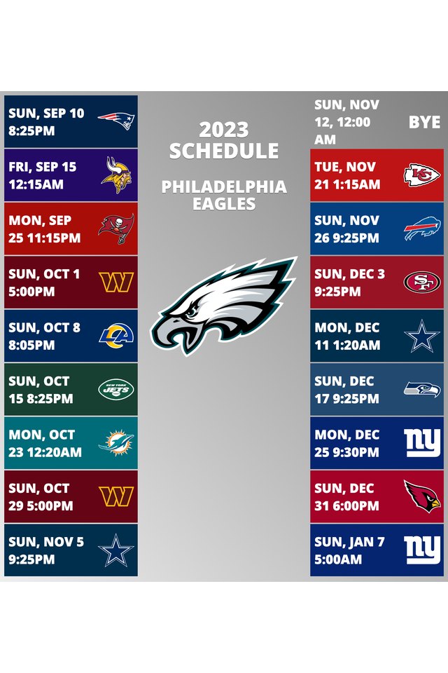 Philadelphia Eagles 2022 Schedule Week 1: Philadelphia Eagles @ Detroit Lions. Week 2: Philadelphia Eagles vs. Minnesota Vikings. Week 3: Philadelphia Eagles @ Washington Commanders. Week 4: Philadelphia Eagles vs. Jacksonville Jaguars. Week 5: Philadelphia Eagles @ Arizona Cardinals. Week 6: Philadelphia Eagles vs. Dallas Cowboys. Week 7: Philadelphia Eagles bye week. Week 8: Philadelphia Eagles vs. Pittsburgh Steelers. Week 9: Philadelphia Eagles @ Houston Texans. Week 10: Philadelphia Eagles vs. Washington Commanders. Week 11: Philadelphia Eagles @ Indianapolis Colts. Week 12: Philadelphia Eagles vs. Green Bay Packers. Week 13: Philadelphia Eagles vs. Tennessee Titans. Week 14: Philadelphia Eagles @ New York Giants. Week 15: Philadelphia Eagles @ Chicago Bears. Week 16: Philadelphia Eagles @ Dallas Cowboys. Week 17: Philadelphia Eagles vs. New Orleans Saints. Week 18: Philadelphia Eagles vs. New York Giants.