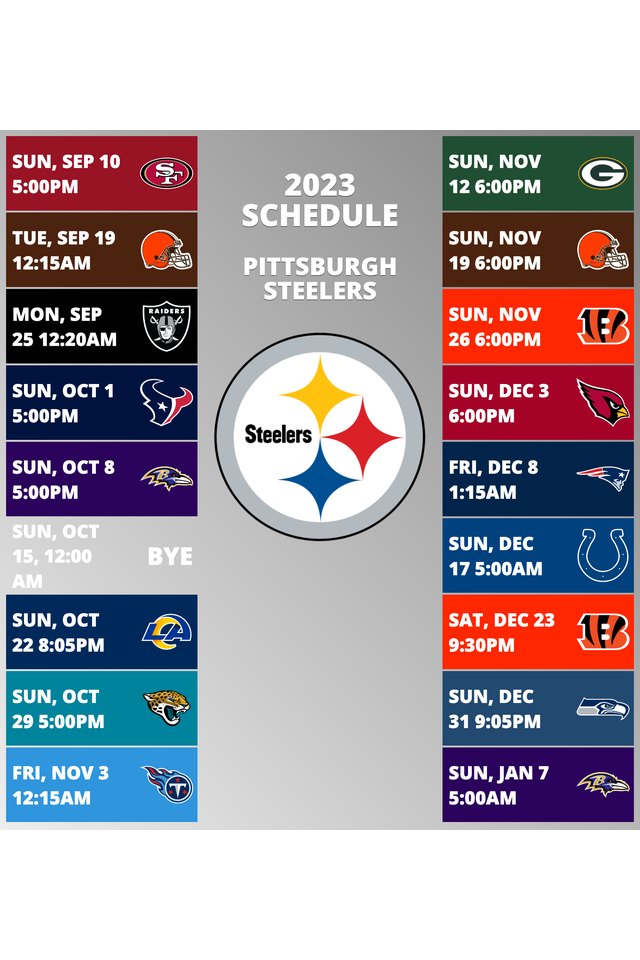 Pittsburgh Steelers 2022 Schedule Week 1: Pittsburgh Steelers @ Cincinnati Bengals. Week 2: Pittsburgh Steelers vs. New England Patriots. Week 3: Pittsburgh Steelers @ Cleveland Browns. Week 4: Pittsburgh Steelers vs. New York Jets. Week 5: Pittsburgh Steelers @ Buffalo Bills. Week 6: Pittsburgh Steelers vs. Tampa Bay Buccaneers. Week 7: Pittsburgh Steelers @ Miami Dolphins. Week 8: Pittsburgh Steelers @ Philadelphia Eagles. Week 9: Pittsburgh Steelers bye week. Week 10: Pittsburgh Steelers vs. New Orleans Saints. Week 11: Pittsburgh Steelers vs. Cincinnati Bengals. Week 12: Pittsburgh Steelers @ Indianapolis Colts. Week 13: Pittsburgh Steelers @ Atlanta Falcons. Week 14: Pittsburgh Steelers vs. Baltimore Ravens. Week 15: Pittsburgh Steelers @ Carolina Panthers. Week 16: Pittsburgh Steelers vs. Las Vegas Raiders. Week 17: Pittsburgh Steelers @ Baltimore Ravens. Week 18: Pittsburgh Steelers vs. Cleveland Browns. 