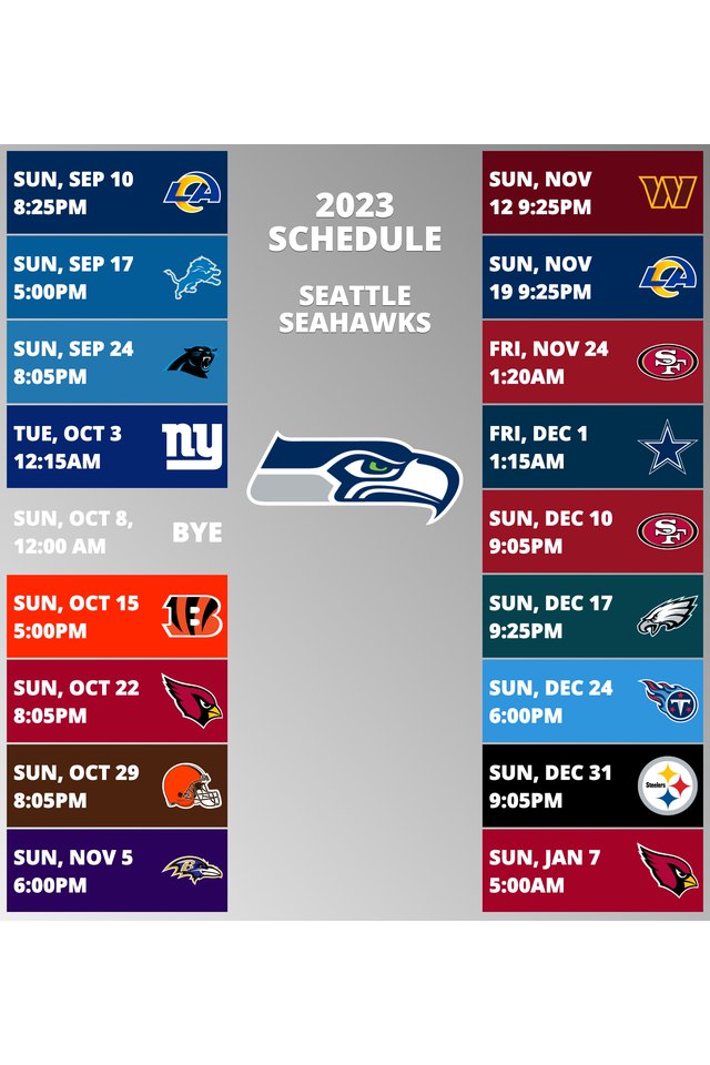 Seattle Seahawks 2022 Schedule Week 1: Seattle Seahawks vs. Denver Broncos. Week 2: Seattle Seahawks @ San Francisco 49ers. Week 3: Seattle Seahawks vs. Atlanta Falcons. Week 4: Seattle Seahawks @ Detroit Lions. Week 5: Seattle Seahawks @ New Orleans Saints. Week 6: Seattle Seahawks vs. Arizona Cardinals. Week 7: Seattle Seahawks @ Los Angeles Chargers. Week 8: Seattle Seahawks vs. New York Giants. Week 9: Seattle Seahawks @ Arizona Cardinals. Week 10: Seattle Seahawks @ Tampa Bay Buccaneers. Week 11: Seattle Seahawks bye week. Week 12: Seattle Seahawks vs. Las Vegas Raiders. Week 13: Seattle Seahawks @ Los Angeles Rams. Week 14: Seattle Seahawks vs. Carolina Panthers. Week 15: Seattle Seahawks vs. San Francisco 49ers. Week 16: Seattle Seahawks @ Kansas City Chiefs. Week 17: Seattle Seahawks vs. New York Jets. Week 18: Seattle Seahawks vs. Los Angeles Rams.
