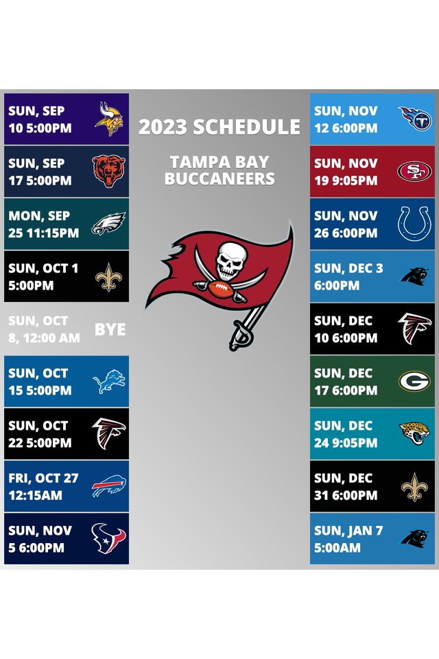 Tampa Bay Buccaneers 2022 Schedule Week 1: Tampa Bay Buccaneers @ Dallas Cowboys. Week 2: Tampa Bay Buccaneers @ New Orleans Saints. Week 3: Tampa Bay Buccaneers vs. Green Bay Packers. Week 4: Tampa Bay Buccaneers vs. Kansas City Chiefs. Week 5: Tampa Bay Buccaneers vs. Atlanta Falcons. Week 6: Tampa Bay Buccaneers @ Pittsburgh Steelers. Week 7: Tampa Bay Buccaneers @ Carolina Panthers. Week 8: Tampa Bay Buccaneers vs. Baltimore Ravens. Week 9: Tampa Bay Buccaneers vs. Los Angeles Rams. Week 10: Tampa Bay Buccaneers vs. Seattle Seahawks. Week 11: Tampa Bay Buccaneers bye week. Week 12: Tampa Bay Buccaneers @ Cleveland Browns. Week 13: Tampa Bay Buccaneers vs. New Orleans Saints. Week 14: Tampa Bay Buccaneers @ San Francisco 49ers. Week 15: Tampa Bay Buccaneers vs. Cincinnati Bengals. Week 16: Tampa Bay Buccaneers @ Arizona Cardinals. Week 17: Tampa Bay Buccaneers vs. Carolina Panthers. Week 18: Tampa Bay Buccaneers @ Atlanta Falcons.