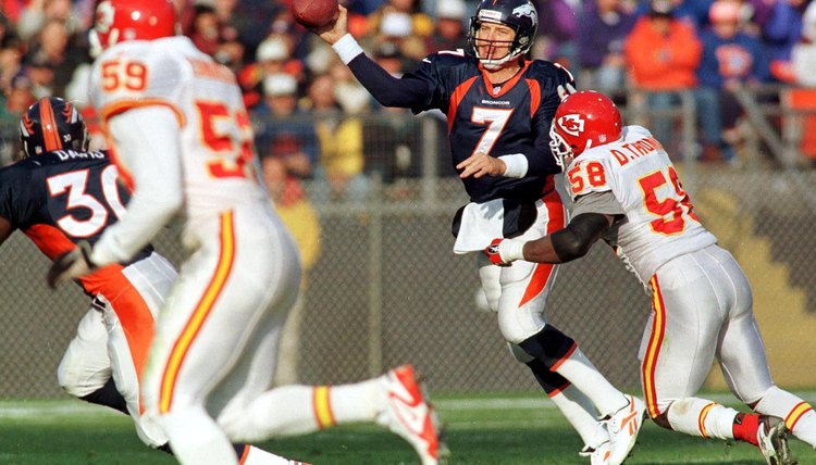 Denver Broncos quarterback John Elway (7) throws u