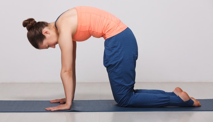 Beautiful sporty fit yogini woman practices yoga asana marjarias