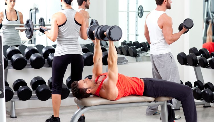 group of people in sport fitness gym weight training