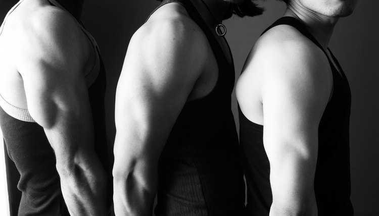 Portrait of three models showing off their muscles